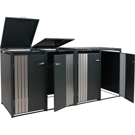 Cache poubelles 4 bacs avec couvercle abri poubelle extérieur en acier galvanisé anthracite 80 à 240L verrouillable 122x264x84 cm 040009341
