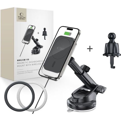 Chargeur sans fil magnétique Tech-protect MM15W-V9 pour tableau de bord et grille d'aération, 15 W, noir. (1/5)