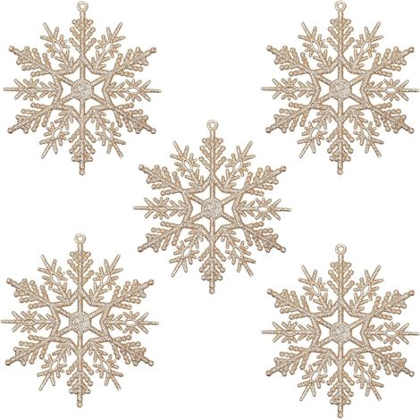 Christmas Glitter Snowflake Ornaments, 10cm Glitter Snowflake Hanging Decorations for Christmas Tree, Pack of 16 (Champagne Gold) (1/5)