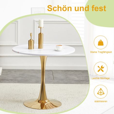 Table de salle à manger ronde en forme de tulipe, environ 80 cm de diamètre, avec piètement en métal. Table seule (sans chaises). Idéale pour la cuisine et le salon. (1/5)