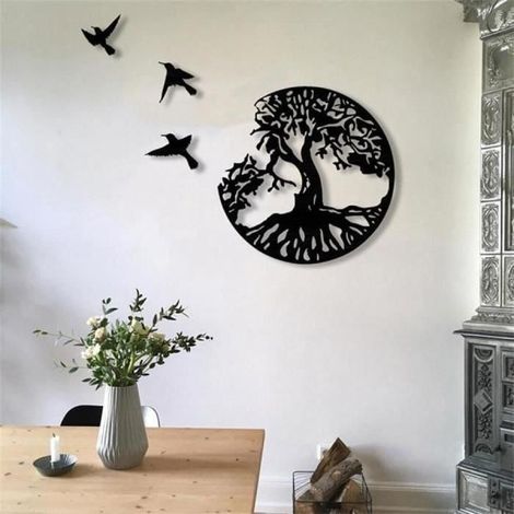 Décoration murale - L'arbre de vie - 3 oiseaux - Métal noir - Style contemporain - À suspendre