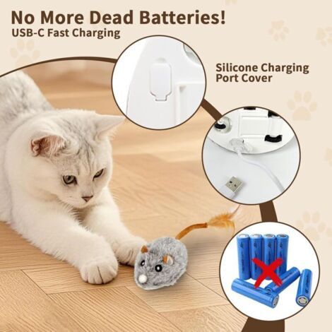 royaluxe-Souris électrique rechargeable usb pour chat – son grinçant gazouillis réalistes, mouvements irréguliers, queue plumes, peluche ultra-doux coutures renforcées, jouet chasse interactif chat in (1/4)