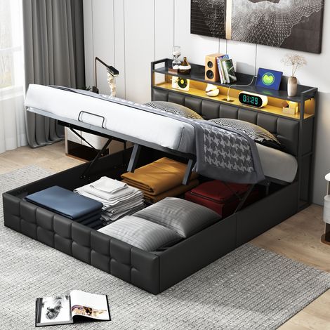 Lit coffre 140x190 cm - LED ajustable - Ports USB & Type-C - Sommier fourni - Revêtement PU contemporain - Chambre parentale adulte - Noir (1/5)