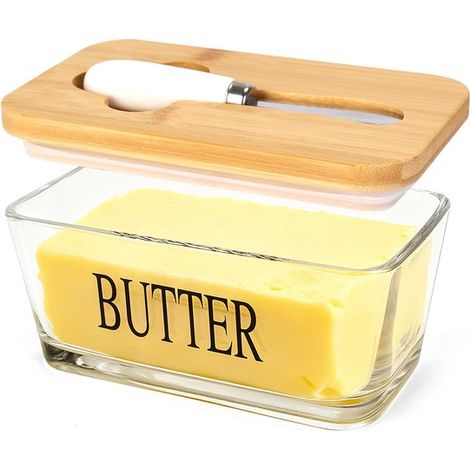 Mantequera grande tapa encimera, mantequera vidrio cuchillo, mantequilla resistente tapa bambú mantequilla costa oeste refrigerador, madera (1/4)
