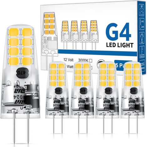 Ampoule LED G4 12V AC/DC. 300LM Blanc Chaud 3000K. 2W Équivalent 25W Ampoule Halogène. Sans Scintillement. Non-Dimmable. LED 12V pour Lustre. Hotte d'aspiration pour la Cuisine. Lot de 5 [Classe énerg