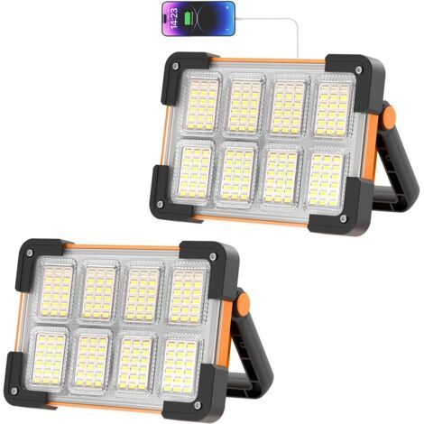 Projecteur Led Rechargeable, Projecteur LED Chantier, 4 Modes Lampe LED Rechargeable Solaire, Portable L ED Lampe de Travail Étanche USB, Baladeuse pour Camping, entretien, urgence(2 Pièces) [Classe é