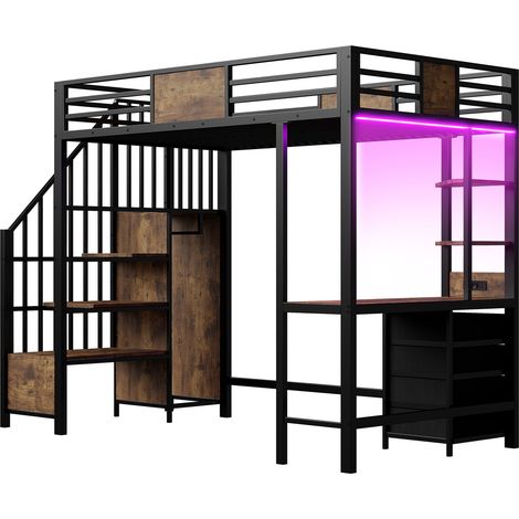 Cama alta 90 x 200 cm de metal negro con escritorio, almacenaje, barra LED y enchufe (1/5)