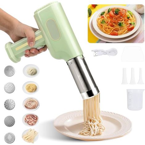 Tragbare elektrische Nudelmaschine mit 2600 mAh Akku, 5 Nudelformen und Zubehör für perfekt frische Pasta.