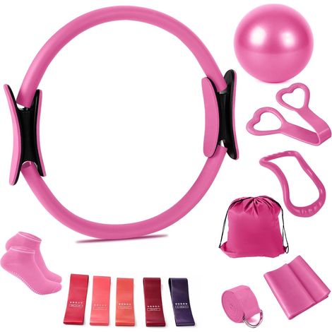 Kit Pilates pour la maison, kit débutant de 13 pièces avec balle de yoga de 25 cm, cercle magique de 35 cm, 5 bandes de résistance, chaussettes de yoga, disques glissants, anneau de Pilates (1/5)