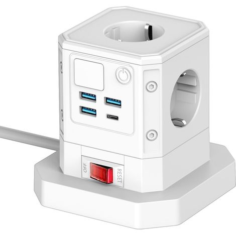 Berker Steckdose Typ C mit USB (max. 250 V / 10 A / 2500 W), Würfelsteckdose mit LED-Beleuchtung, multifunktionaler Smart-Stecker, Steckdosenleiste mit Kabel (4 AC + 3 USB + Typ C, Weiß), EU-Größe (1/4)