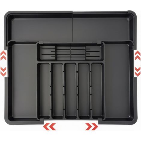 Cutlery Rack, Expandable Cutlery Storage, Kitchen Drawer with 2 Removable Knife Blocks and 9 Compartments, Expandable Cutlery Tray, Black (1/5)