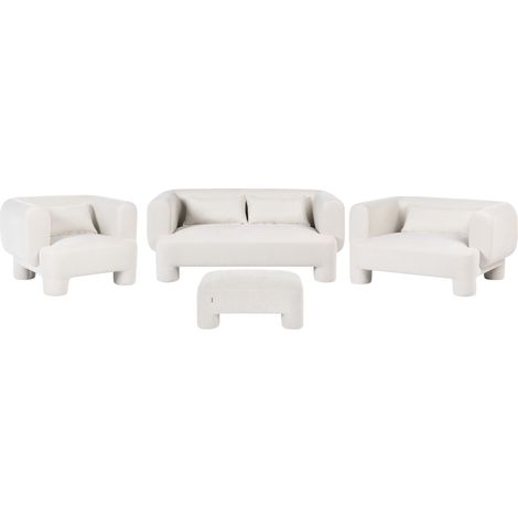 Conjunto de sala de estar otomana sofá sillón tapizado de tela con textura aterciopelada patas cilíndricas estilo orgánico blanco Hogbo