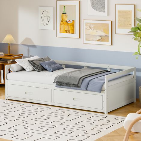Cama infantil de 90/180x200 cm con 2 cajones, de pino, sin colchón, blanco (1/5)