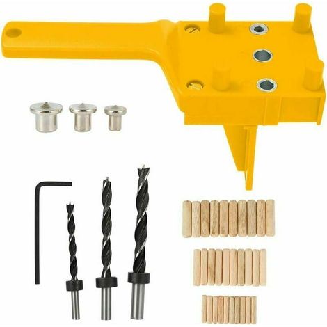 41 PCS Gabarits de Perçage Cheville Gabarit de Percage Tourillon Kit Gabarait de Goujon Menuiserie à Trou Droit avec Centreur Tourillon 6/8/10mm pour Goujon en Bois à Main (Jaune) (1/5)