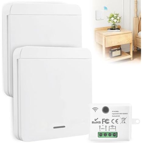 Interrupteurs Sans Fil 230 V 433 MHz, 2 Interrupteurs, 1 Récepteur, Portée 30 m, Pour Lampes jusqu'à 1500 W (1/5)