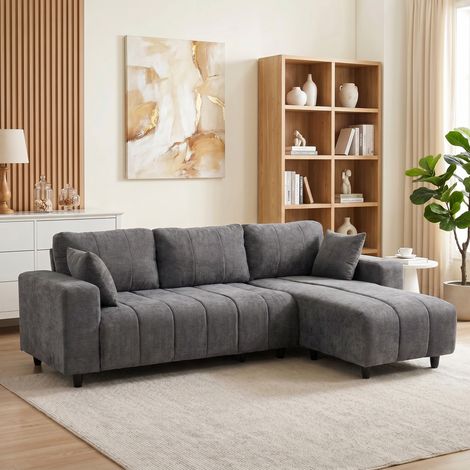 Canapé d'angle convertible 242 cm, canapé 3 places en L avec méridienne réversible, 2 coussins, tissu effet lin, gris (1/5)