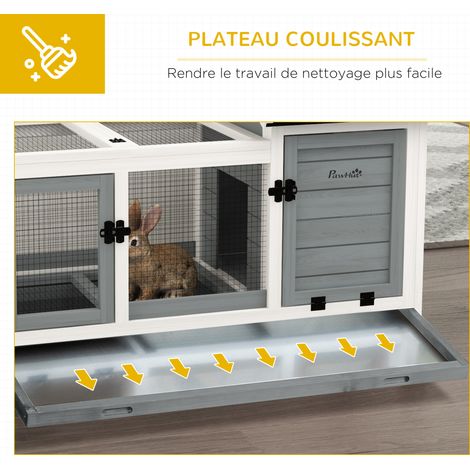 Clapier cage à lapins rongeurs sur roulettes 2 portes verrouillables - dim. 108L x 58l x 73,5H cm - bois massif (1/5)