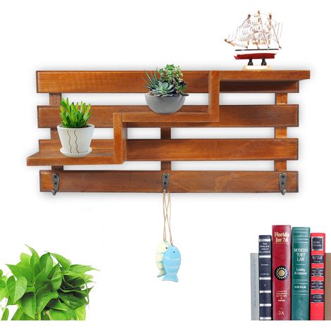 Étagère Murale En Bois - Forme Trapézoïdale - Avec Crochets Métalliques - Pour Salon Et Entrée - 1 Pièce (1/5)