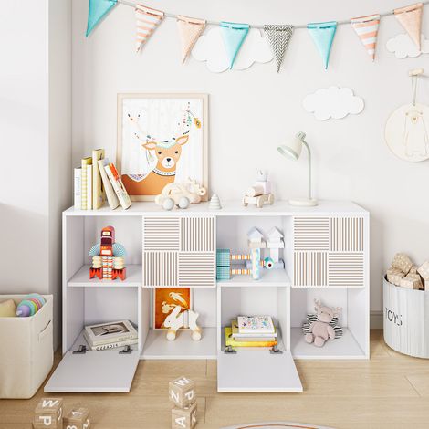 Bibliothèque enfant, 125X30X60cm,meuble de rangement 8 compartiments avec 4 portes, bibliothèque enfant, rangement jouets, Blanc (1/5)