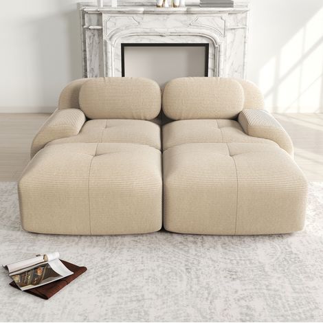 Ecksofa aus Cordstoff Beige, rahmenlos, modular kombinierbar, rutschfeste Unterseite (1/5)