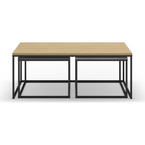 Set de 3 tables basses, tables de salon aspect bois coloris chêne, ciment et métal coloris noir (1/5)