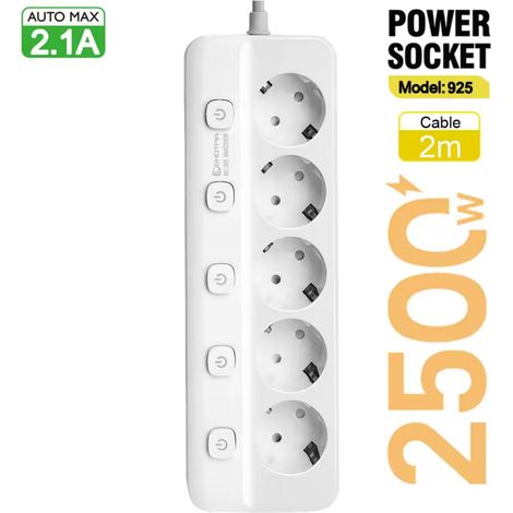 ORION91oficial® - Socket POWER Blanco , Interruptor independiente, Protector contra sobretensiones, 2 METROS de cable, 5 salidas de CA - spaziOrion91 - Pack x2 (1/4)