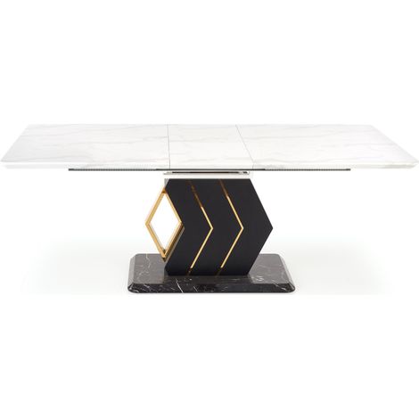 Table extensible avec plateau aspect marbre blanc et pied central noir et doré WHALE (1/4)