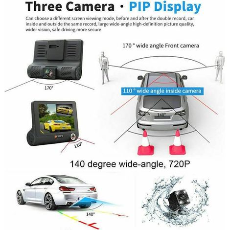 DashCam touch screen 3 in 1 2 lenti anteriore 1 posteriore 1080P HDR Telecamera per parcheggio auto e furgone Telecamera di sicurezza grandangolare Rilevamento del movimento G-Sensor Registratore DVR (1/4)