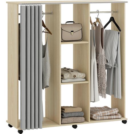 Armoire Penderie Mobile Double Dressing 3 Étagères Rangement Vêtements 6 Roulettes 120x40x128 cm Bois Naturel (1/5)