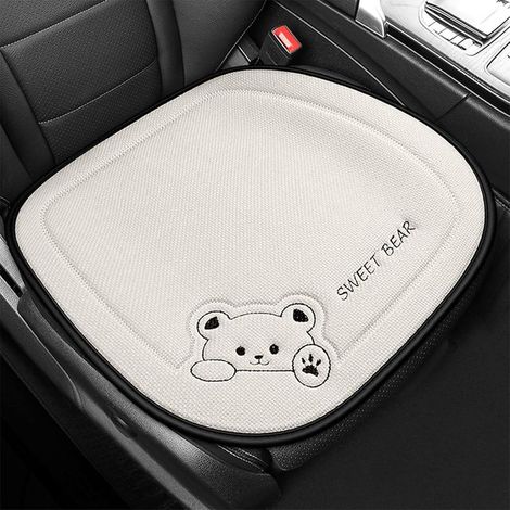 Coussin Voiture Siege en Pur Lin, Coussin de Siège de Voiture, Coussin de Siège Auto avec Ours de Dessins Animés, Housse de Siège Voiture Auto Antidérapant pour Car SUV (Blanc, 50x50cm) (1/5)