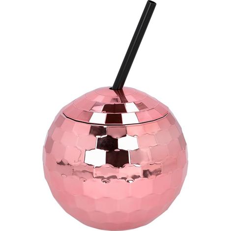 Mug boule disco JeiibrZui avec paille - 600 ml - Verre réutilisable avec couvercle - Or rose - Idéal pour les garden-parties et les fêtes à thème (1/2)