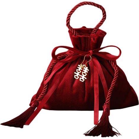 Sac Cadeau Flanelle à Cordon Rouge avec Houppettes et Motif Double Bonheur, Idéal Pour Mariage, Noel, Anniversaire Et Fete (1/3)
