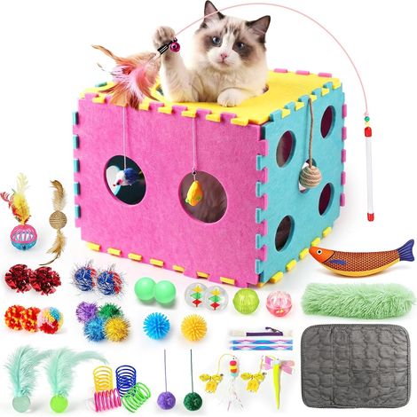41 Jouets interactifs pour Chats d'intérieur – Comprenant Un Tapis Moelleux, des Jouets d'auto-Divertissement, Une Corde à mâcher, Une Canne à pêche, Un Jouet à Plumes et diverses balles (1/5)