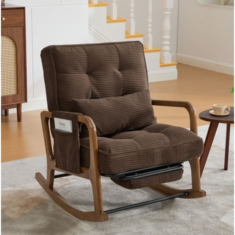Sedia a dondolo in corduroy marrone con poggiapiedi, schienale regolabile 70 x 80 x 92 cm (1/5)