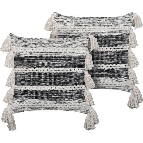 Conjunto de 2 cojines de algodón negro blanco crema 45 x 45 cm borlas Rochea