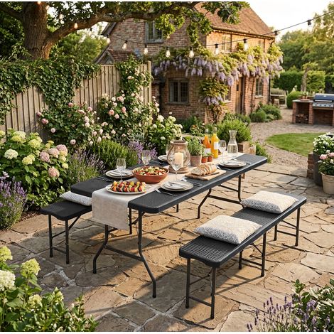 Table de pique-nique pliante 183/76/74 cm noire en plastique avec 2 bancs et verrouillage de sécurité (1/5)
