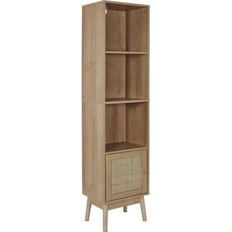 The Home Deco Factory – Colonne de salle de bain en bois avec porte en rotin – Rangement vertical 1 porte – Étagères ouvertes pour objets du quotidien