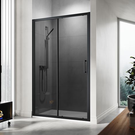 ELEGANT 1200mm Shower Cabin Black Sliding Door 8mm Grey Nano Glass Wet Room with Anti-Slip Shower Base Tray 1200x800mm and Waste Trap (1/5)