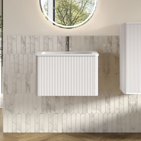 Meuble sous vasque 60 cm pour petite salle de bain, tiroirs push-to-open, design rainuré, MDF blanc (1/5)