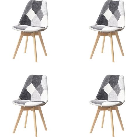 4er Set Esszimmerstühle Patchwork Grau mit Massivholzbeinen und abnehmbarem Sitzkissen (1/5)