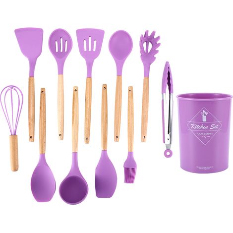 Ensemble de 12 ustensiles de cuisine en silicone antiadhésif, spatules et cuillères pour cuisson, couleur violet (1/5)