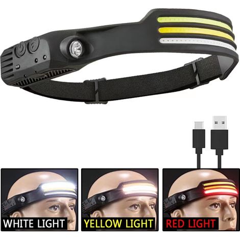 Lampe frontale LED rechargeable, indispensable pour les adultes, les mécaniciens, les randonneurs, les campeurs et les amateurs de pêche (lumière blanche + jaune + rouge) (1/5)