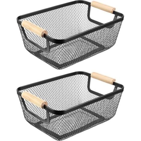 2-teilige Aufbewahrungskörbe aus schwarzem Metall, Holzkörbe, multifunktionale Netzkörbe, Regalkörbe für Küche und Speisekammer (1/5)