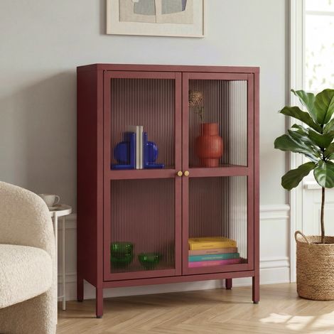 Buffet Säkylä acier verre strié 84 x 64 x 35 cm rouge bordeaux [en.casa] (1/5)