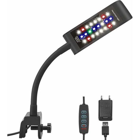 Clip LED pour aquarium, [RVB + lumière blanche] Variateur de luminosité à 10 niveaux pour aquariums de 20 à 30 cm et plantes aquatiques, noir (1/4)