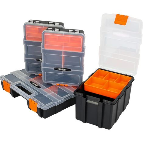 Boîte de rangement, 4 pièces, vide, pour outils et petites pièces, 49 compartiments, couvercle transparent, noir/orange (1/5)