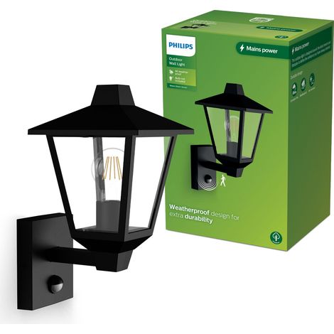 Philips Aplique de pared hacia arriba KINNO, con sensor de movimiento, negro tipo farola, E27 sin bombilla, max 25W (1/5)