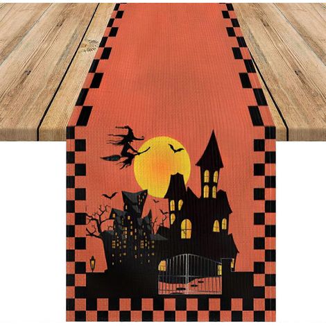 Chemin de table Joyeux Halloween, chemin de table orange avec maison hantée/sorcière, chemin de table en toile de jute pour une fête champêtre, intérieure ou extérieure sur le thème vintage (1/5)