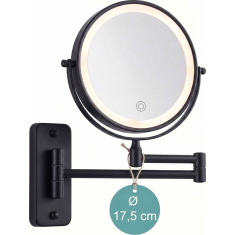 Relaxdays Kosmetikspiegel Wand, mit LED-Beleuchtung, 10-fach, 360° drehbar, Ø 17,5 cm, Metall, Akku mit USB, schwarz