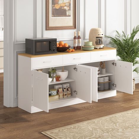Buffet de cuisine avec 3 tiroirs et étagères réglables, îlot de cuisine de 160 cm avec plan de travail imitation bois, blanc, 76,5 x 160 x 37 cm (1/4)